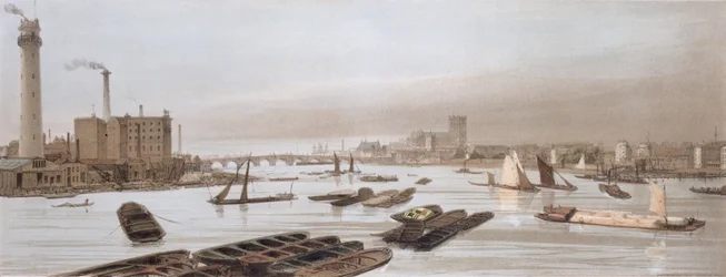 Westminster fra Waterloo Bridge, der inkorporerer Shot Tower, fra 